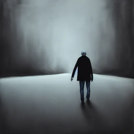 Prompt: photo realistic, painting of a wizard walking alone in the boulevard of broken dreams, painted black, hyper detail, in the style of beeple, rule of thirds