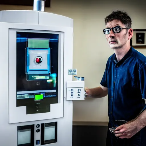 Prompt: A random pointless contraption pneumatic machine with no apparent purpose, being operated by a scholarly looking man with a clear directed gaze, XF IQ4, f/1.4, ISO 200, 1/160s, 8K, RAW, unedited, symmetrical balance, in-frame