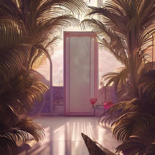 Prompt: indoor liminal dream, golden light, greg rutkowski, palm trees, pink door, minimalistic, hyperrealistic surrealism, award winning masterpiece with incredible details, epic stunning, infinity pool mirrors, a surreal vaporwave liminal space with mirrors, highly detailed, trending on artstation, artgerm and greg rutkowski and alphonse mucha, daily deviation