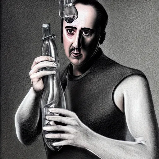 Image similar to Drinking from bottle liquid with face Nicolas Cage, Surrealism, Surreal drawing, Digital art, from artstation, art by Salvador Dali