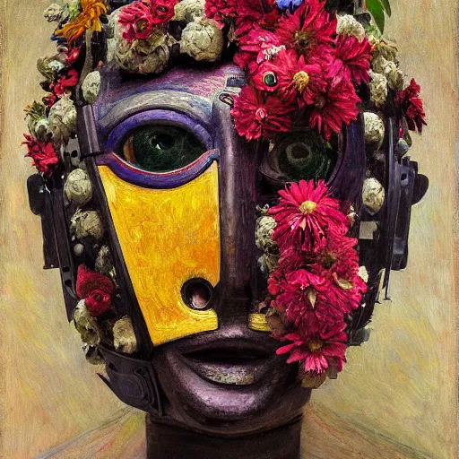 Image similar to a painting of a humanoid robot wearing a mask made of flowers, by annie swynnerton and diego rivera and tino rodriguez, symbolist, dramatic lighting, elaborate geometric ornament, art brut, soft cool colors, smooth, sharp focus, extremely detailed, adolf wolfli