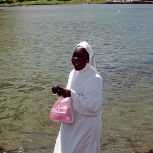 Prompt: sister mary claerance swimming in a zip lock bag