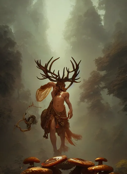 Image similar to Gigantic Deity with antlers and translucent mushrooms, extremly detailed digital painting, in the style of Fenghua Zhong and Ruan Jia and Jeremy Lipking and Peter Mohrbacher, rim light, beautiful lighting, mystical colors, 8k, stunning scene, raytracing, octane, trending on artstation