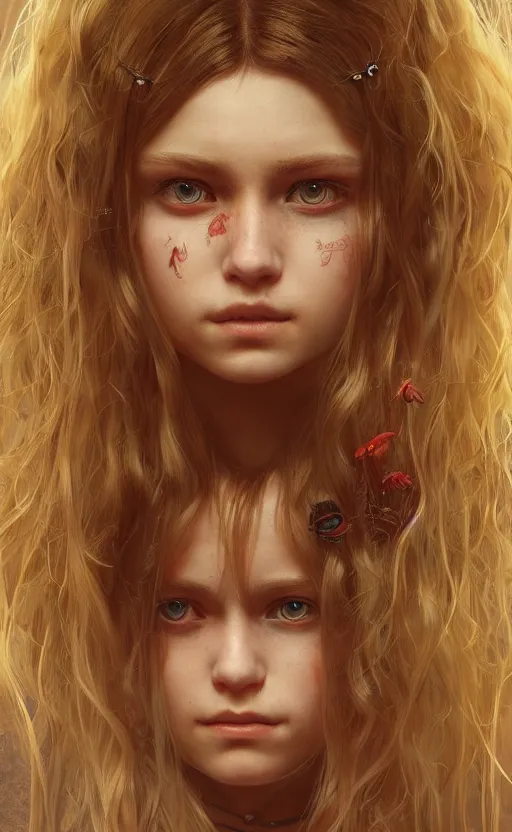 Prompt: full body portrait of a young girl with blond twin tail hair and red eyes, ultra realistic, concept art, intricate details, eerie, highly detailed, photorealistic, octane render, 8 k, unreal engine, art by artgerm and greg rutkowski and alphonse mucha
