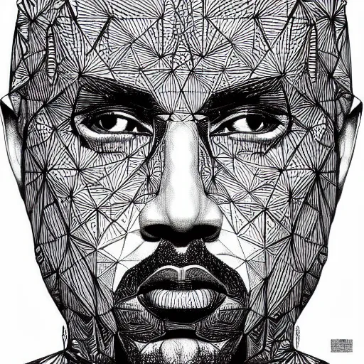 Image similar to Geometrically surreal Kanye, extremely high detail, photorealistic, intricate line drawings, dotart, album art in the style of James Jean