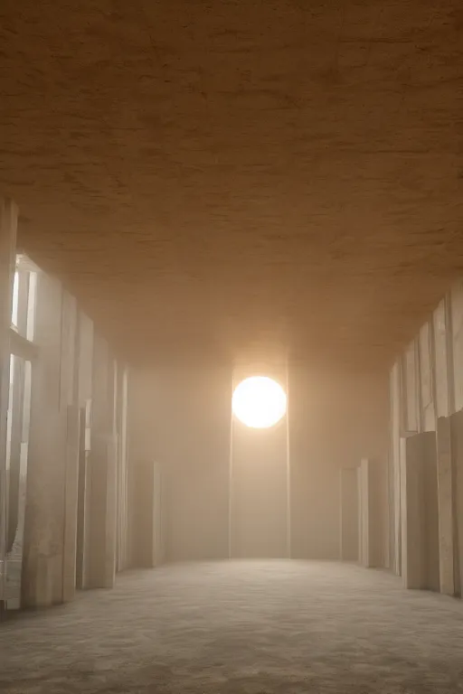 Image similar to inside a tall vetical room, convoluted halls, monolithic, open architecture, dust cloud enter through giant open windows, high winds, concrete pillars, ancient sci - fi elements, on an alien planet, sun is blocked by dust, pale orange colors, cinematographic wide angle shot, f / 2 4, motion blur