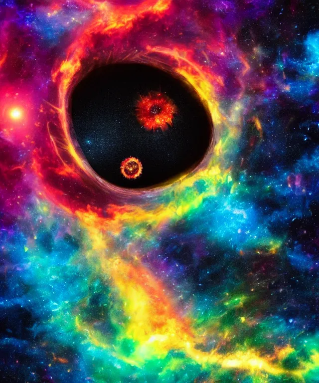 Prompt: black hole, sun, space, bright colors, surreal art, rule of thirds, phoenix flames, nebula clouds, soft tones