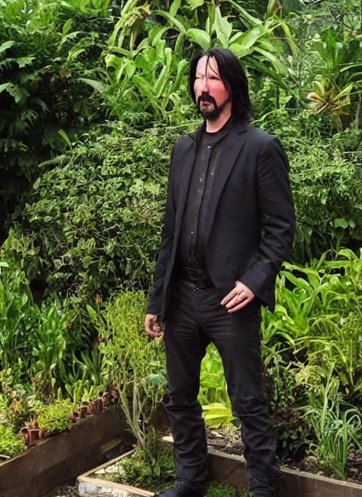 Image similar to solarpunk keanu reeves working in a garden, cyberpunk 2 0 7 7 wake up samurai, solarpunk, lots of plants, gardening, permaculture, anarchy, realistic, ultra detailed