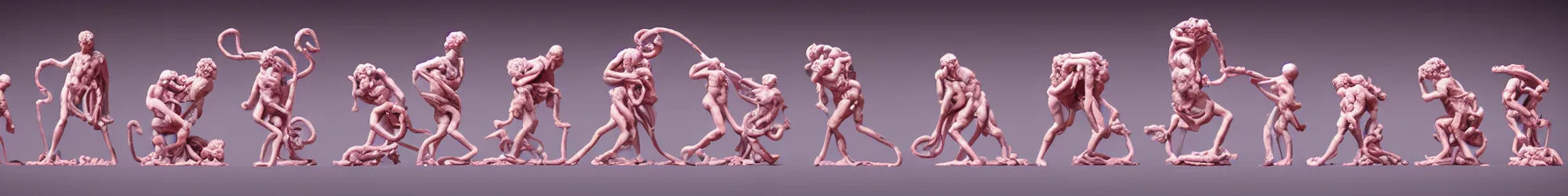 Prompt: long line-up of pink powdered laocoon and his sons struggling with twisted golden wire, intertwined full body view, plastic injection mold toys, product photography, black background