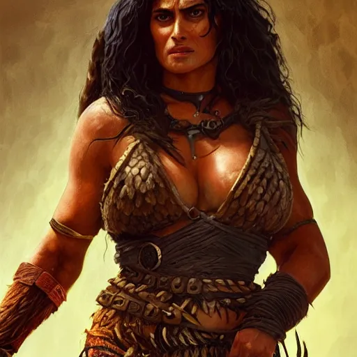 Prompt: salma hayek as barbarian warrior in jungle, au naturel, hyper detailed, digital art, trending in artstation, cinematic lighting, studio quality, smooth render, unreal engine 5 rendered, octane rendered, art style by klimt and nixeu and ian sprigger and wlop and krenz cushart.