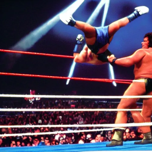 Prompt: WWE poster for the shrek vs andre the giant fight at wrestlemania 8, dramatic lighting, 8k amazing photograph,