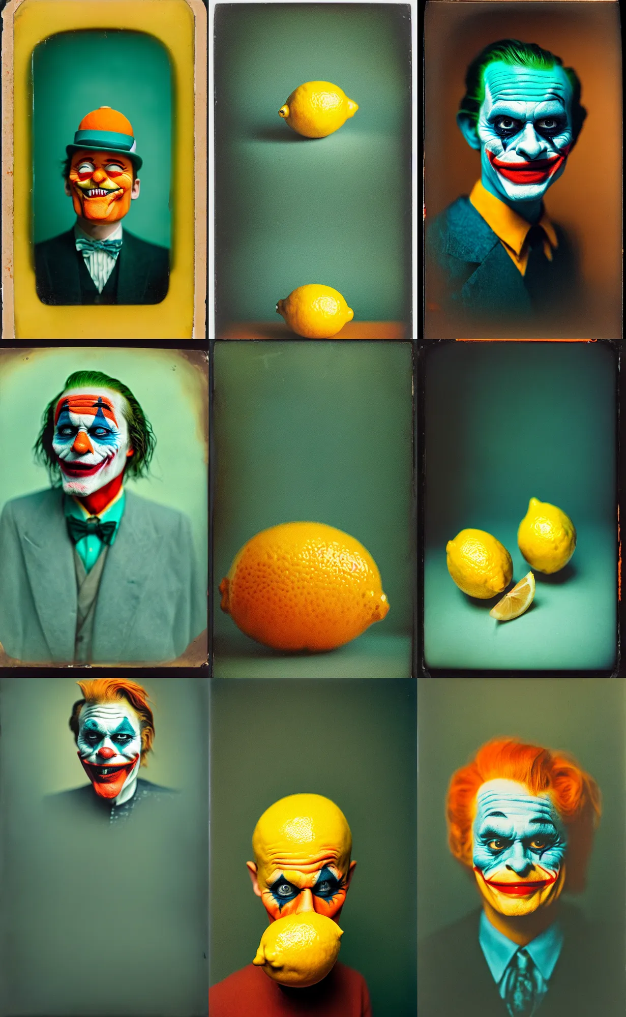 Image similar to kodak portra 4 0 0, wetplate, 8 k, shot of a highly detailed, britt marling style, colour still - life portrait of a lemon looks like 1 9 9 9 joker, teal and orange, muted coloures