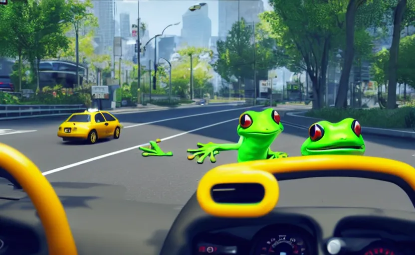 Prompt: ps 4 game about a cute frog driving a taxi, frog driving a taxi unreal 4 screenshot,