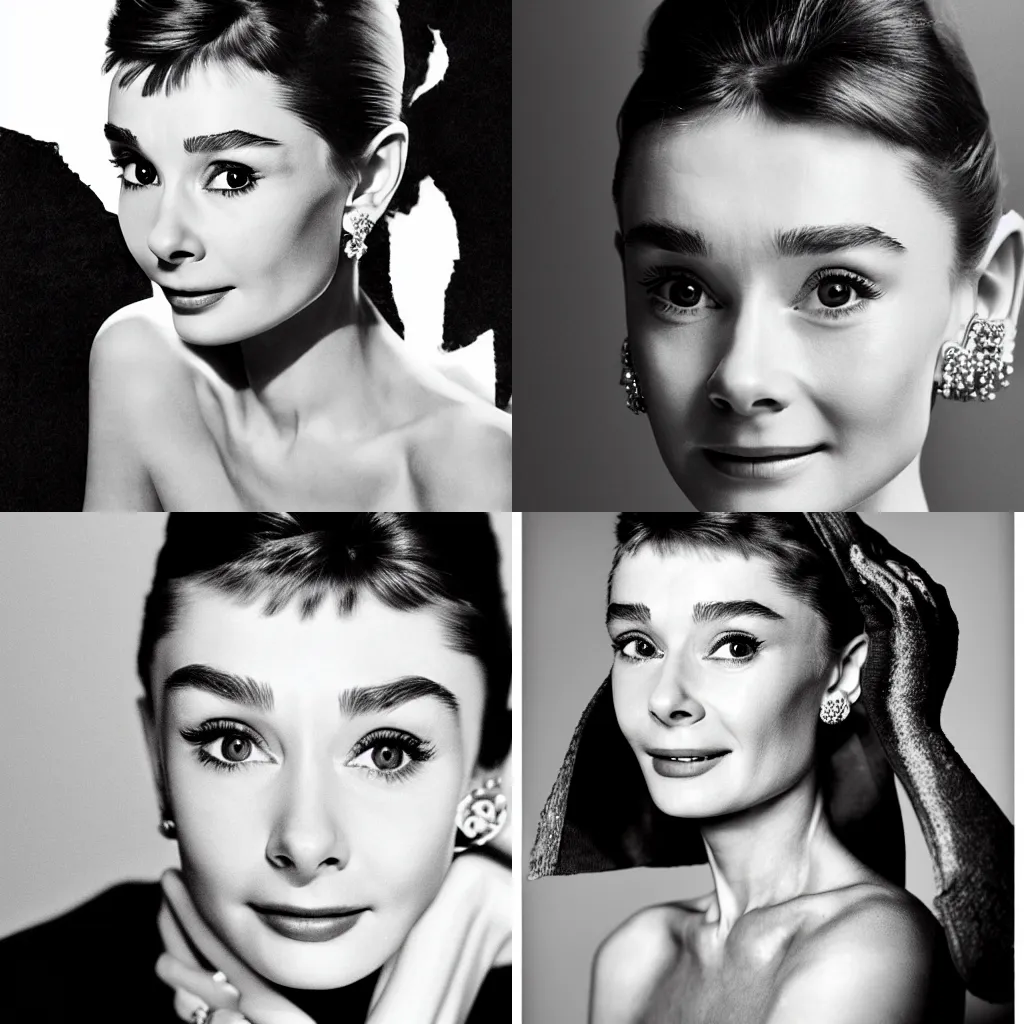 Prompt: portrait of a beautiful 20-year-old Audrey Hepburn by Mario Testino, ca. 2018, close up, detailed, award winning, Sony a7R