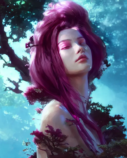 Prompt: a highly detailed image of A beautiful woman basking, with medium length magenta hair covering an eye, and a tall tree, and large obsidian crystals, cinematic lighting, dramatic atmosphere, by Dustin Nguyen, Akihiko Yoshida, Greg Tocchini, Greg Rutkowski, Cliff Chiang, 4k resolution, trending on artstation