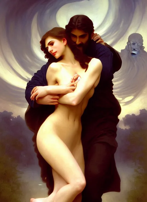 Image similar to kitsch mills and boon romance novel cover with elder god cthulhu!! hugging eva mendes, they are in love, by william - adolphe bouguereau, john singer sargent, digital painting, artstation, concept art, smooth, sharp focus, warm lighting,