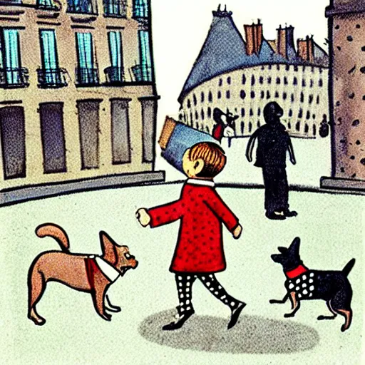 Image similar to book illustration of a french boy on the streets of paris playing football against a corgi, the dog is wearing a polka dot scarf, 1 9 6 6