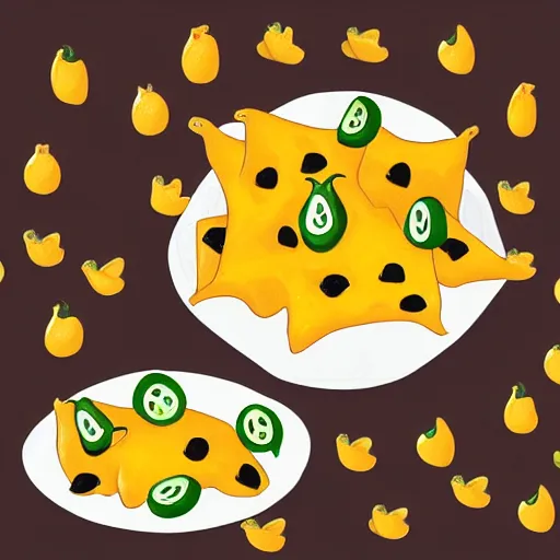 Image similar to drawing of nachos with cheese and jalapeno illustrations, white background, drawing, cartoon, in the style of shyama golden