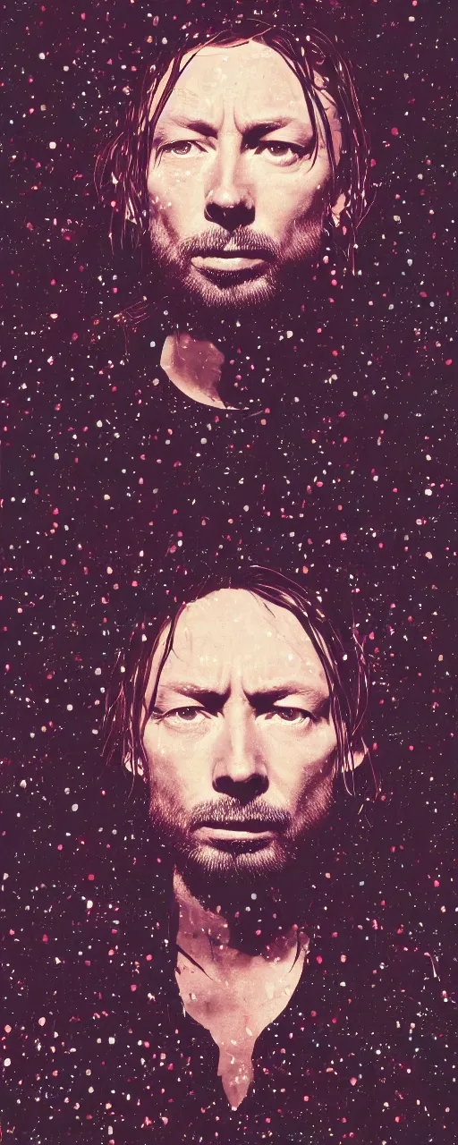 Image similar to disco diffusion portrait of Thom Yorke, hiding in the bushes looking shifty