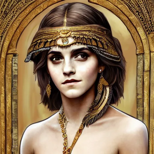 Image similar to Emma Watson as Cleopatra, cute, fantasy, intricate, elegant, highly detailed, digital painting, 4k, HDR, concept art, smooth, sharp focus, illustration, art by artgerm and H R Giger and alphonse mucha