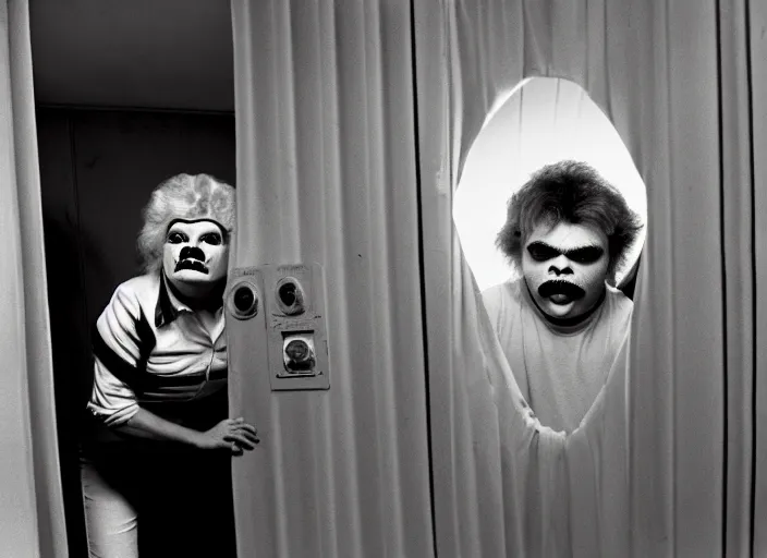 Image similar to a scene from a 1 9 7 8 s halloween, rip taylor is hiding in a closet from the shape, vhs distortion, cathode ray tube distortion, folk horror, hauntology, 8 k, 8 5 mm f 1. 8, studio lighting, rim light, right side key light