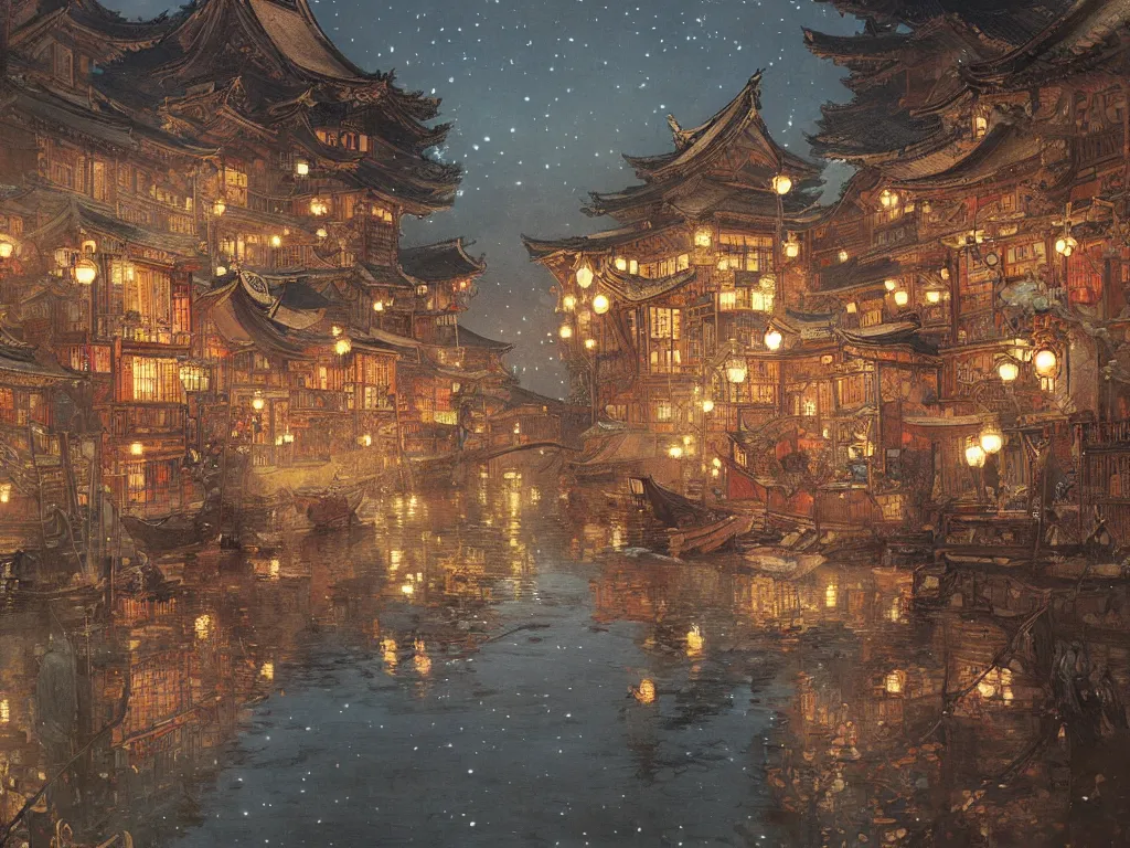 Image similar to view from the river of a beautiful painting of the lantern festival in a an ancient japanese town, at night with a sky full of stars, intricate, elegant, highly detailed, digital painting, artstation, concept art, by krenz cushart and artem demura and alphonse mucha