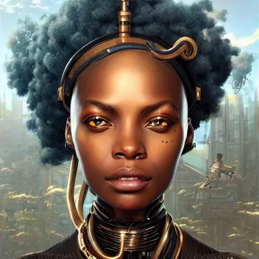 Image similar to african steampunk alchemist, science fiction, highly detailed, digital painting, beautiful eyes, symmetry, concept art, sharp focus, illustration, global illumination, radiant light, detailed and intricate environment, art by artgerm and greg rutkowski and magali villeneuve and ilya kuvshinov!