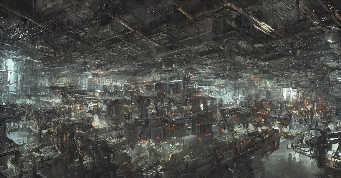 Prompt: Realistic concept art, digital art of a factory interior for mech robots production, full of various electronic and mechanical mech parts, weapons, devices and instruments, with hardware engineers and scientists walking around, spotlights from ceiling, incredible sharp details, light contrast, dark atmosphere, bright vivid colours, reflections, metal speculars, rendered in Redshift, Octane render