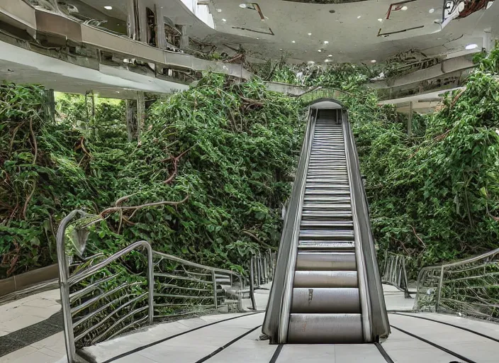 Image similar to an escalator in an abandoned mall in the 1 9 8 0 s, taken over by nature, covered in vines, dream pool, white ceramic tiles