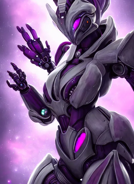 Prompt: cinematic goddess close shot, beautiful stunning anthropomorphic robot mecha female dragon, detailed maw, metal ears, led purple eyes, smooth fuschia skin, smooth silver armor, floating in space, holding a galaxy, epic proportions, epic size, epic detail, furry art, dragon art, giantess art, warframe fanart, furaffinity, octane