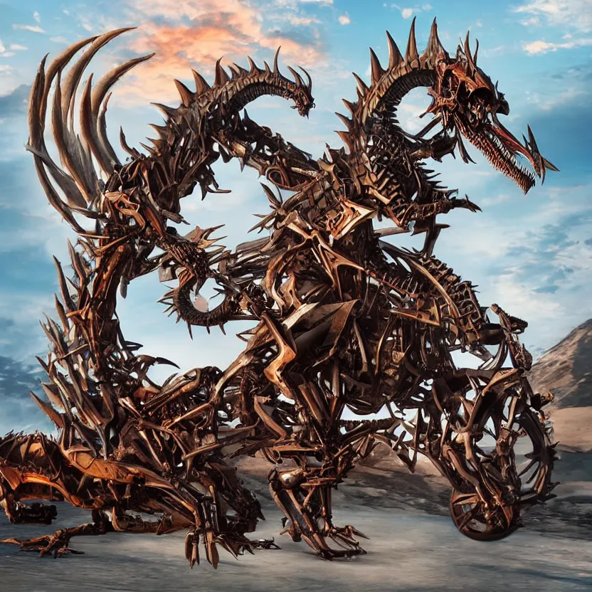 Prompt: a gigantic skeleton dragon motorcycle, advertisement photography, artstation, digital art,