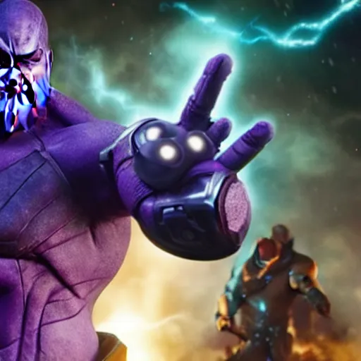 Image similar to thanos wearing a Nintendo power glove, promotional photo from avengers movie