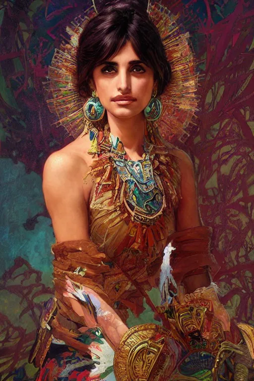 Image similar to young Penelope Cruz portrait, Aztec fantasy, elegant, intricate, by Stanley Artgerm Lau, greg rutkowski, thomas kindkade, alphonse mucha, loish, norman Rockwell