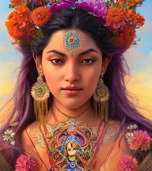 Prompt: hindu goddess im beautiful meadow of flowers, highly detailed, centered, digital painting, artstation, concept art, smooth, sharp focus, illustration, art by artgerm and donato giancola and Joseph Christian Leyendecker, Ross Tran, WLOP