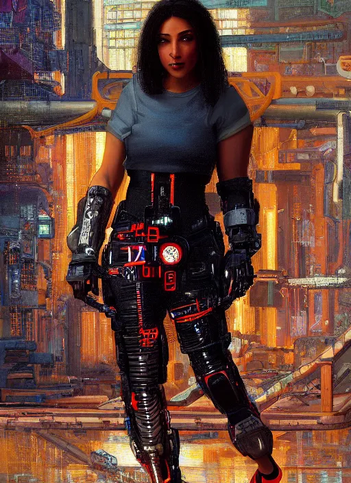 Image similar to Sonya Igwe. Beautiful Cyberpunk mechanic with robotic legs. (Cyberpunk 2077, bladerunner 2049). Iranian orientalist portrait by john william waterhouse and Edwin Longsden Long and Theodore Ralli and Nasreddine Dinet, oil on canvas. Cinematic, vivid colors, hyper realism, realistic proportions, dramatic lighting, high detail 4k