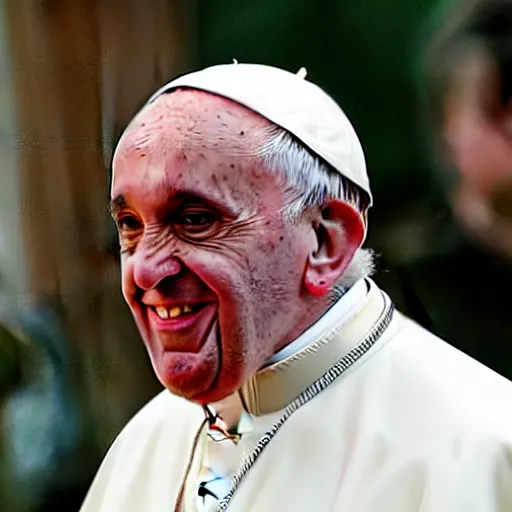 Prompt: Pope Francis becoming a trapper rapper with many tattoos on the face