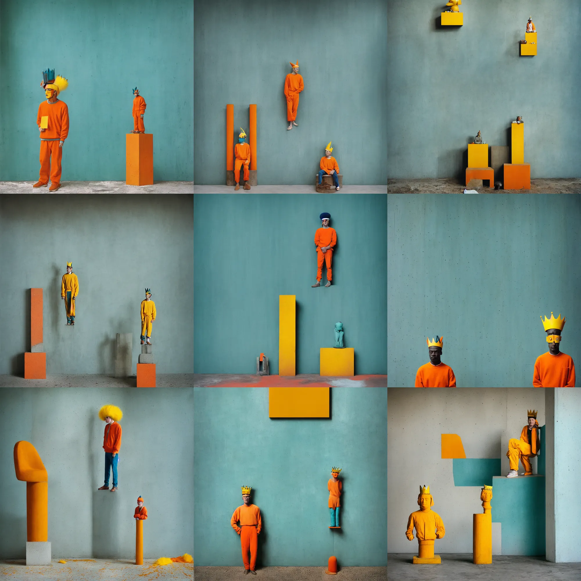 Image similar to kodak portra 4 0 0, 8 k, shot of a highly detailed, britt marling style, colour still - life portrait of a large minimalistic room, rough concrete walls, a single rough carved wooden teal and orange striped coloured statue is standing on a concrete podest with a yellow crown on his head, muted colours