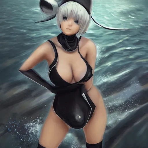 Image similar to pencil drawing of 2 b nier automata wearing a latex suit in a beach, beautiful piercing eyes, hyper realistic face, in the style of greg rutkowski, fantasy, amazing detail, epic, elegant, smooth