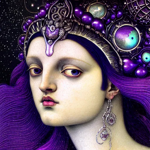 Prompt: baroque neoclassicist closeup renaissance portrait of a beautiful moon goddess with stars in her hair, reflective detailed textures, glittering silver ornaments, dark fantasy science fiction painting by diego rivera and jean delville and ruan jia and nicholas roerich and annie swynnerton, dramatic lighting, gleaming silver and blues and purples, floral tattoos, artstation, octane render