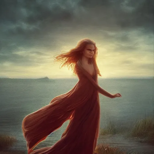 Image similar to young beautiful woman by the lake, hair waving in the wind, sunset, high detail, dramatic light, digital art, chiaroscuro, dark, painted by seb mckinnon and caspar david friedrich, trending on artstation