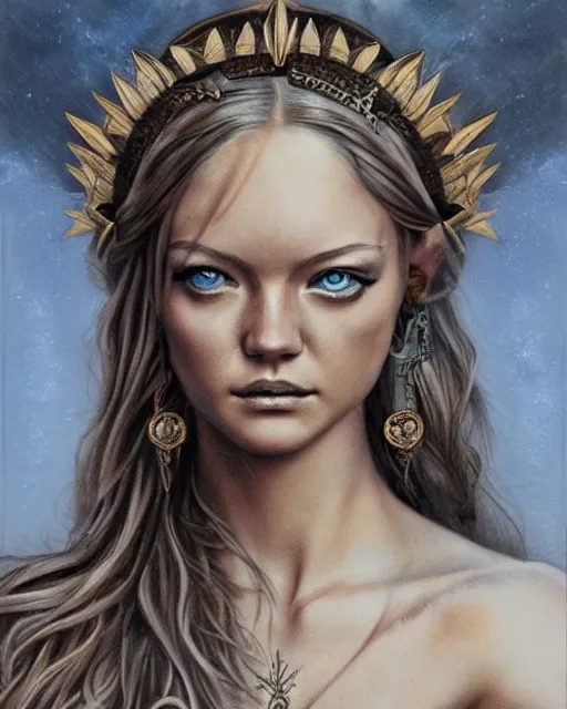 Image similar to realism tattoo sketch of lindsay ellingson as a beautiful greek goddess aphrodite with piercing eyes wearing a laurel wreath and triangle earrings, in the style of greg rutkowski, amazing detail