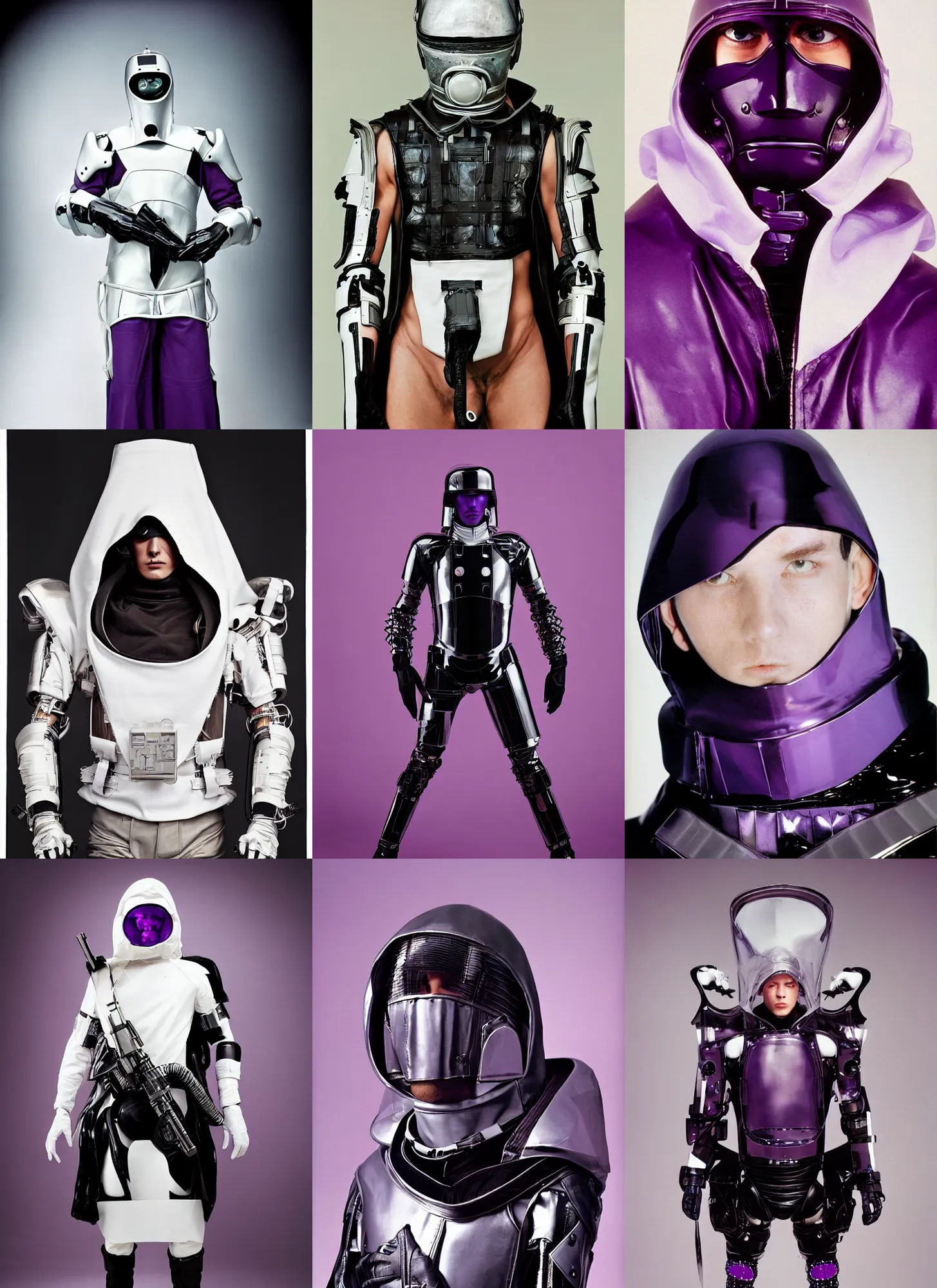 Prompt: handsome man with white sci - fi tactical gear, black leather garment, purple transparent crystal cybernetic hood, full shot fashion photography, by irving penn and storm thorgerson, ren heng, peter elson