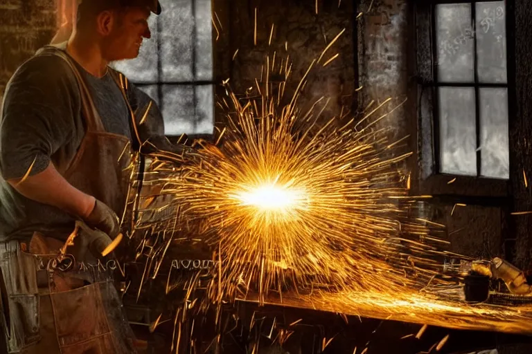 Prompt: blacksmith working, yellow sparks, rays of light trough a window, atmospheric, dramatic lighting, beautiful