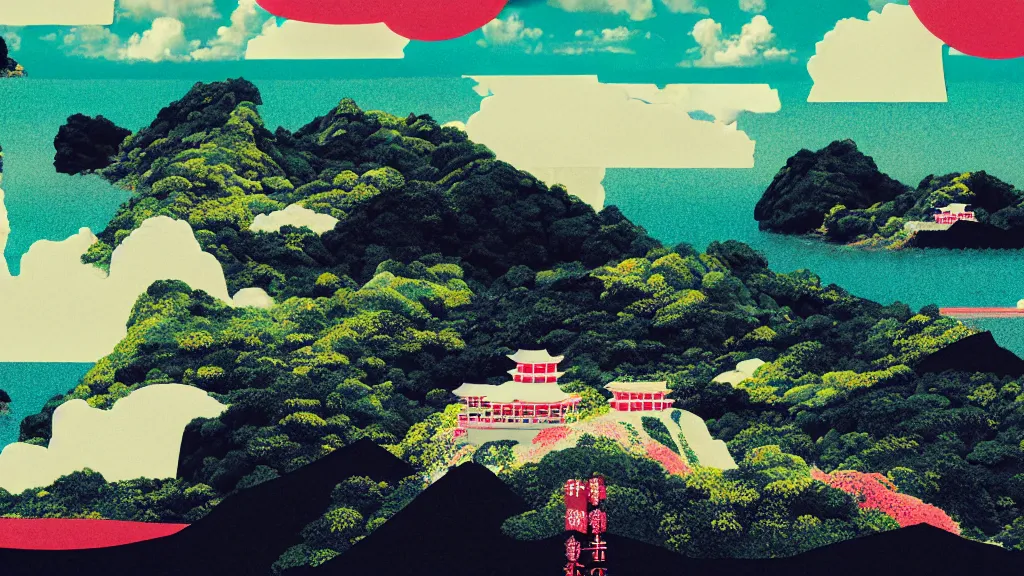 Image similar to dramatic landscape of okinawa prefecture, japan, a collage painting, in the style of wes anderson, lola dupre, david hockney, isolated on negative white space background dark monochrome neon fluorescent spraypaint accents volumetric octane render