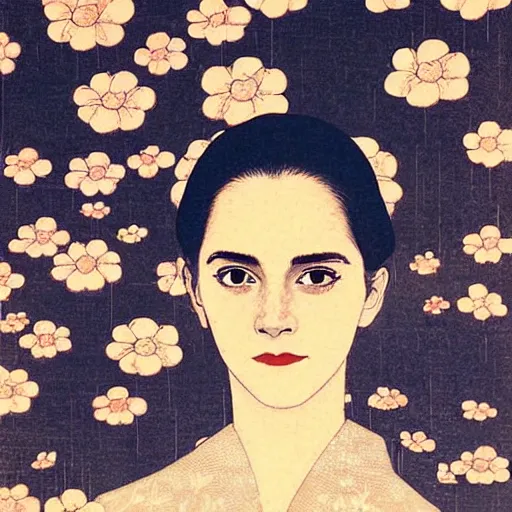 Image similar to “ emma watson portrait by ikenaga yasunari and ayana otake and ko rakusui, 6 0 s poster, drawing, realistic, sharp focus, japanese, dreamy, nostalgia, faded, golden hues, floral clothes ”