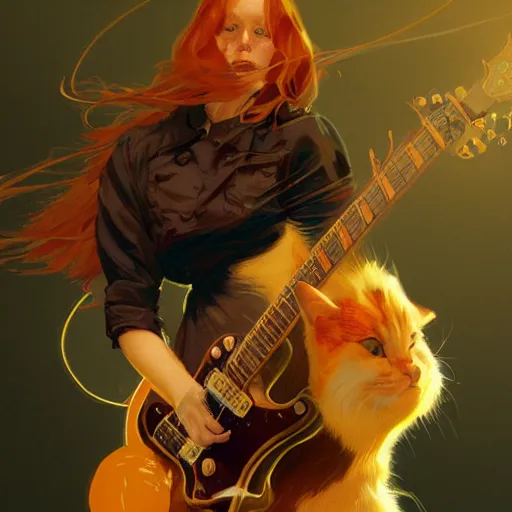 Prompt: a ginger hardrocker cat playing electric guitar, cinematic lighting, highly detailed, digital painting, artstation, concept art, smooth, sharp focus, illustration, art by Terry Moore and Greg Rutkowski and Alphonse Mucha