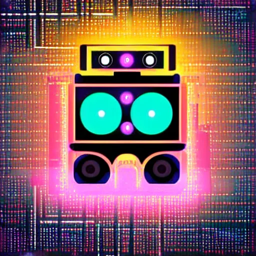 Image similar to artificial intelligence logo, in the middle is a portrait of the robot wall - e in the style of cyberpunk neon art highly detailed colorful image, sharp focus, bright colors