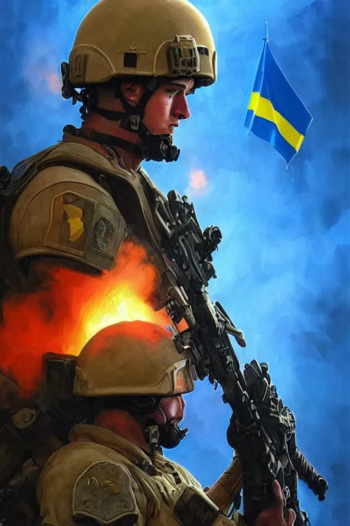 Image similar to special forces soldier with ukrainian blue and yellow flag watching red square burn, masculine figure, d & d, fantasy, bright atmosphere, volumetric lights, intricate, elegant, extremely detailed, digital painting, artstation, concept art, matte, smooth, sharp focus, hyper realistic, illustration, art by artgerm and greg rutkowski and alphonse mucha