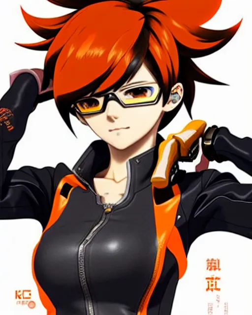 Image similar to Anime as Tracer Overwatch wearing leather-coat; in mask-orange-coloured || cute-fine-face, pretty face, realistic shaded Perfect face, fine details. Anime. realistic shaded lighting poster by Ilya Kuvshinov katsuhiro otomo ghost-in-the-shell, magali villeneuve, artgerm, Jeremy Lipkin and Michael Garmash and Rob Rey as Overwatch Tracer cute smile