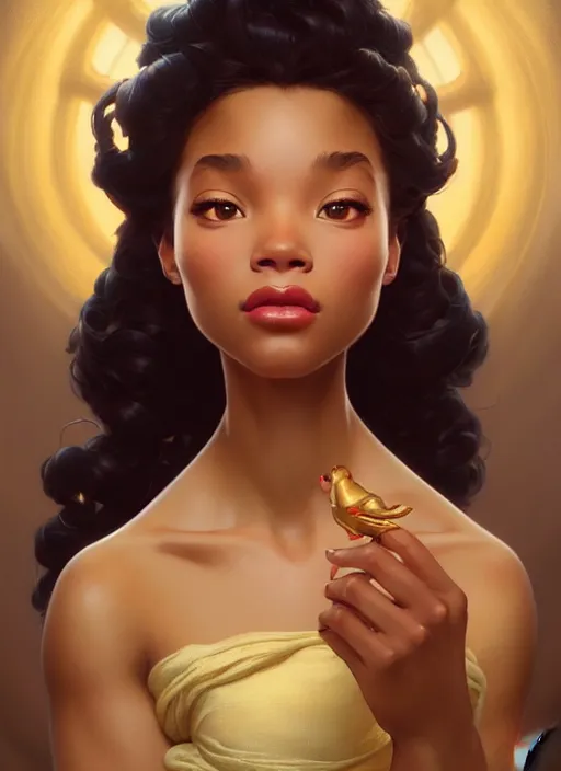 Image similar to portrait of disney tiana, intricate, elegant, highly detailed, my rendition, digital painting, artstation, concept art, smooth, sharp focus, illustration, art by artgerm and greg rutkowski and alphonse mucha and uang guangjian and gil elvgren and sachin teng, symmetry!!